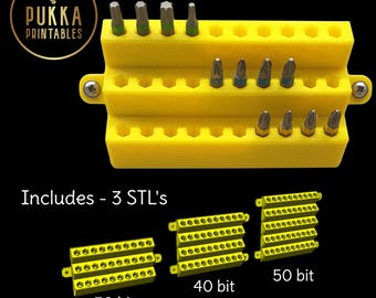 May include: Yellow 3D-printed bit holder with three tiers, holding various metal screwdriver bits. The holder has a hexagonal design. Includes 3 STL's for 30, 40, and 50 bit holders. The Pukka Printables logo is in the upper left corner.