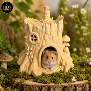 May include: A light beige, tree stump-shaped hamster house featuring a circular window, a textured bark exterior, and a small arched entrance. A brown and white hamster is positioned inside the entrance of the structure, which is adorned with sculpted mushrooms.