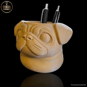 Pug Planter STL Dog Head Plant Pot Cute Pug Pen Holder 3D Print File Desk Organiser Planter.