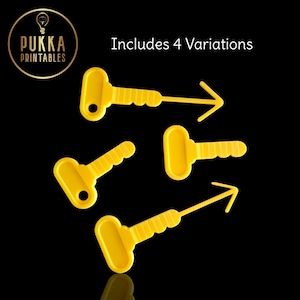 May include: Yellow plastic key-shaped tools with a handle and a ridged edge. Some have an arrow extending from the handle. The image includes the text "Includes 4 Variations" and a logo for "Pukka Printables".