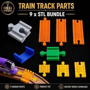 May include: A collection of nine train track parts including orange, yellow, green, blue, and gray plastic components. A purple toy train engine sits on a curved wooden track section. Text reads TRAIN TRACK PARTS 9 x STL BUNDLE.