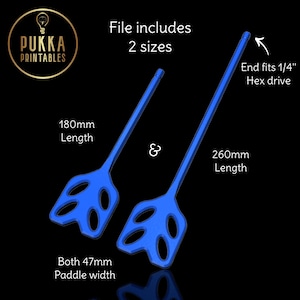 May include: Two blue plastic mixing paddles with a 1/4 inch hex drive end. The paddles are 180mm and 260mm long and both are 47mm wide.  File includes 2 sizes.