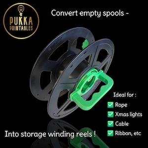 May include: Black and green storage winding reels with a green handle. The image includes the text "Convert empty spools - Into storage winding reels!" and "Ideal for: Rope, Xmas lights, Cable, Ribbon, etc."