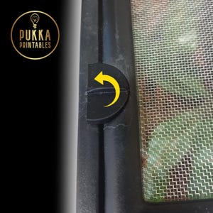May include: Close-up of a black frame with a metal mesh screen. A black circular piece with a yellow arrow indicating a turn is visible. The logo for Pukka Printables is in the upper left corner.