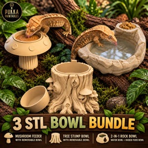 Puede incluir: Un conjunto de 3 cuencos STL que incluye un comedero de seta beige con cuenco extraíble, un cuenco de tocón de árbol con cuenco extraíble y un cuenco de roca 2 en 1 con depósito de agua y comedero elevado. El texto 3 STL BOWL BUNDLE aparece abajo.