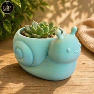 Può includere: Un vaso a forma di lumaca azzurra con una pianta succulenta. Il vaso ha un design a spirale e un volto sorridente. La succulenta è verde e si trova in un letto di piccole pietre. Il vaso è su una superficie di legno.