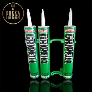 May include: Three green tubes of Gripfill adhesive with white nozzles, held together by a green plastic holder. The tubes have white text on them, and the brand name Evo-Stik is visible. The background is black.