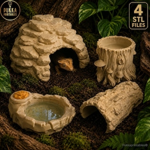 Pacote de Habitat para Répteis em STL | Esconderijo de Canto em Caverna, Túnel de Tronco de Casca de Árvore, Tigela de Pedra e Tigela de Tronco de Árvore | Decoração de Terrário | Arquivos STL para Gecko-de-crista