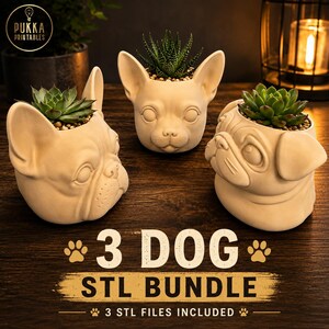 May include: Three light beige dog-shaped planters, each featuring a different breed design and holding a small green succulent. The text 3 DOG STL BUNDLE 3 STL FILES INCLUDED is displayed at the bottom of the image in a bold, dark font.