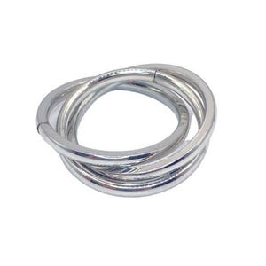 May include: A silver-colored ring with a unique design. The ring features three interlocking bands that create a stylish and modern look. The bands are smooth and shiny, reflecting light. This ring is a fashion accessory.