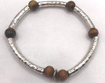 Silver Hammered and Tigers Eye Beaded  Stretch Bracelet