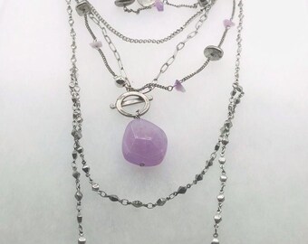 Silver and Purple Choker Layered Necklace