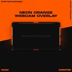 Puede incluir: Superposición de webcam naranja neón con fondo negro y borde naranja brillante. El texto "NEON ORANGE WEBCAM OVERLAY" está en la parte superior de la imagen. El texto "DaGraphicsDesign" está en el centro de la imagen. El texto "WebM" está en la esquina inferior izquierda de la imagen. El texto "ANIMATED" está en la esquina inferior derecha de la imagen.