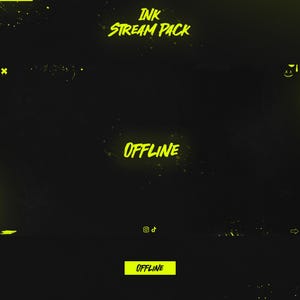 May include: A black and yellow digital stream overlay with the text "INK STREAM PACK" and "OFFLINE" in a bold, handwritten font. The overlay has a grunge aesthetic with yellow splatters and a black background.