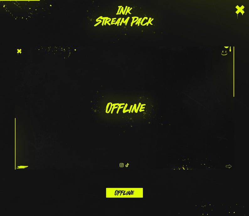 May include: A black and yellow digital stream overlay with the text "INK STREAM PACK" and "OFFLINE" in a bold, handwritten font. The overlay has a grunge aesthetic with yellow splatters and a black background.