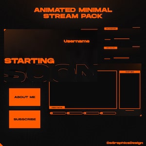 Può includere: Un pacchetto streaming minimalista animato con sovrapposizioni grafiche nere e arancioni. Include una schermata STARTING SOON, pulsanti ABOUT ME e SUBSCRIBE, una cornice video principale con CHAT BOX e barre di notifica per i follower.
