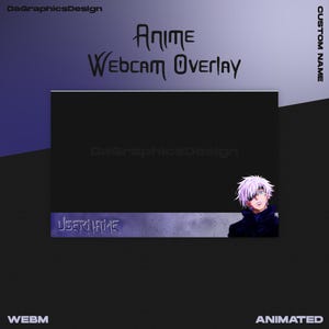 May include: Anime webcam overlay with a black background and a purple and black border. The overlay features a character with white hair and a black eyepatch. The text "Anime Webcam Overlay" is at the top of the overlay, and the text "USERNAME" is at the bottom of the overlay.