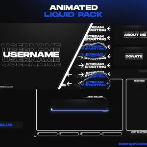May include: Animated Twitch stream overlay pack with a blue and black color scheme. The overlay includes a username banner, stream starting alert, about me section, donate button, chat box, and new follower alert. The text "STREAM STARTING" is repeated multiple times with arrows pointing in different directions.