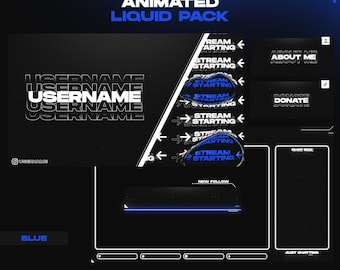 Animated Twitch Overlay Pack Blue Liquid | Custom Name Stream Screens Panels Alerts Transition | OBS StreamElements | Stream Package