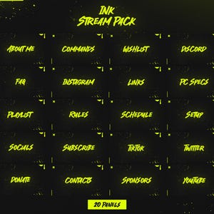 May include: A set of 20 yellow stream panels with black backgrounds and white text. The panels include titles such as "About Me", "Commands", "Wishlist", "Discord", "FAQ", "Instagram", "Links", "PC Specs", "Playlist", "Rules", "Schedule", "Setup", "Socials", "Subscribe", "TikTok", "Twitter", "Donate", "Contacts", "Sponsors", and "YouTube".