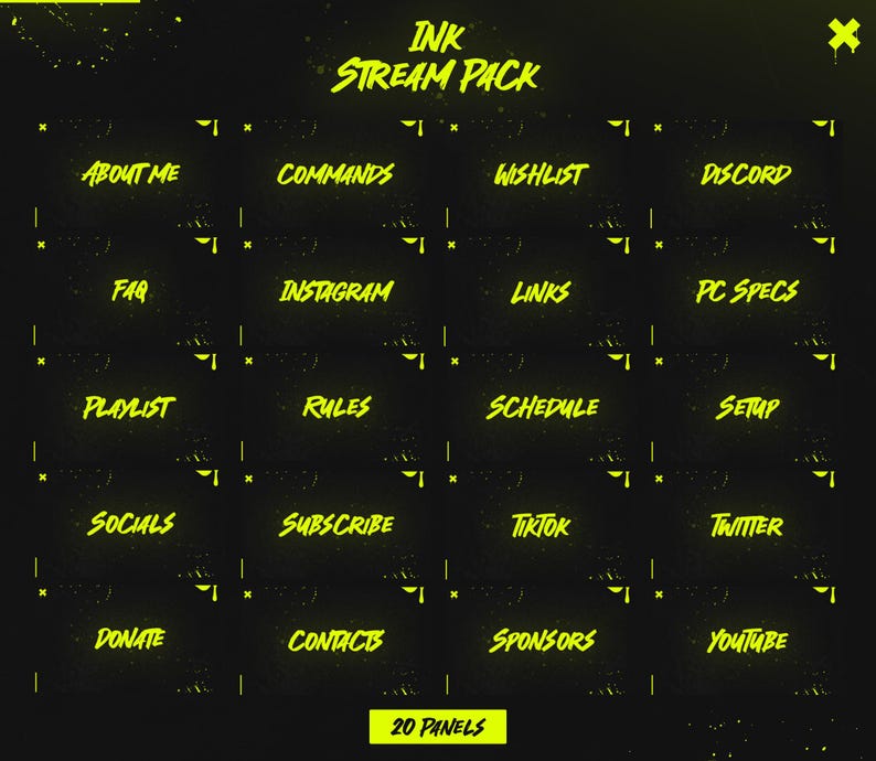 May include: A set of 20 yellow stream panels with black backgrounds and white text. The panels include titles such as "About Me", "Commands", "Wishlist", "Discord", "FAQ", "Instagram", "Links", "PC Specs", "Playlist", "Rules", "Schedule", "Setup", "Socials", "Subscribe", "TikTok", "Twitter", "Donate", "Contacts", "Sponsors", and "YouTube".