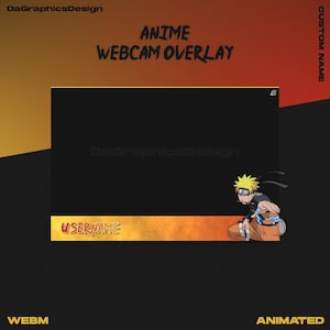Può includere: Design di overlay per webcam Anime con sfondo nero e sfumatura giallo-arancio. Il design include il testo "Anime Webcam Overlay", "Custom Name", "Username", "WEBM" e "Animated". Un personaggio dei cartoni animati è presente sul lato destro.