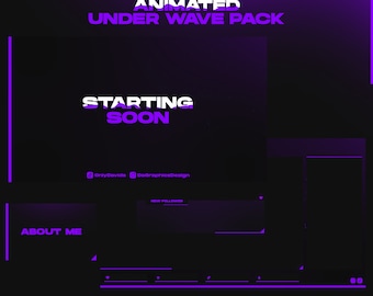 Animated Wave Twitch Overlay Pack Purple Black | Stream Screens Panels Alerts Transition | Custom Name OBS StreamElements