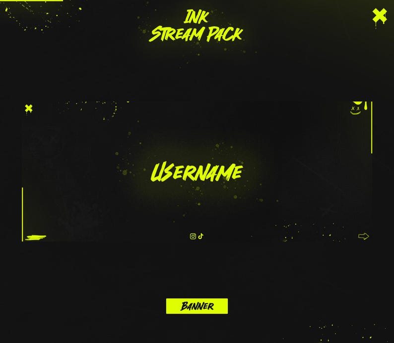 May include: A black and yellow digital banner with the text "INK STREAM PACK" and "USERNAME" in a bold, stylized font. The banner has a grunge-style background with yellow paint splatters.