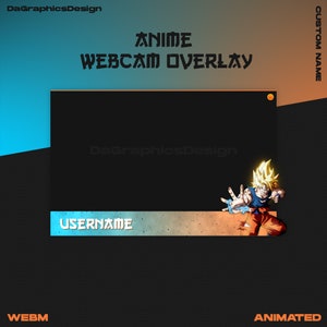 Könnte beinhalten: Anime-Webcam-Overlay mit schwarzem Hintergrund und einem gelbhaarigem Anime-Charakter in der unteren rechten Ecke. Das Overlay hat einen blauen und orangen Balken unten mit dem Text "USERNAME" und "ANIMATED".
