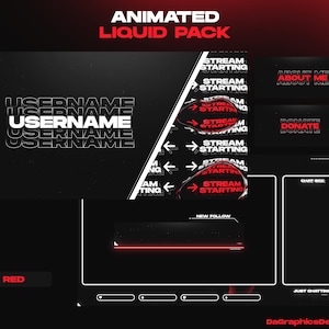 Pack d'overlays animés Twitch Rouge Liquide | Écrans de stream personnalisés, panneaux, alertes, transitions | OBS StreamElements | Pack de streaming