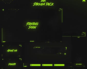 Animated Ink Twitch Overlay Pack Black Green Fluo | Stream Screens Panels Alerts Transition Webcam Banner | Custom Name OBS StreamElements