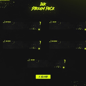 May include: Five black and yellow animated stream alerts with a splatter paint effect. The alerts are for new followers, new subscribers, new cheers, new donations, and new raids. The text "INK STREAM PACK" is at the top of the image.