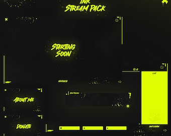 Animated Ink Twitch Overlay Pack Black Yellow Fluo | Stream Screens Panels Alerts Transition Webcam Banner | Custom Name OBS StreamElements