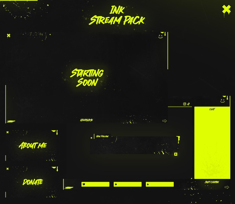 May include: A black and yellow Twitch stream pack with the text "INK STREAM PACK" in yellow. The pack includes a starting soon screen, a chat box, a follow notification, a donate button, and an about me section.