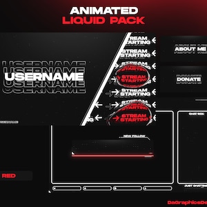 Könnte beinhalten: Digitales Grafikdesign mit einem animierten Liquid-Pack in Schwarz und Rot. Das Design enthält Elemente wie die Texte "USERNAME", "STREAM STARTING", "ABOUT ME" und "DONATE" sowie eine Chatbox und eine "NEW FOLLOW"-Benachrichtigung.