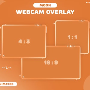 Può includere: Una grafica di overlay per webcam animata arancione con la parola "MOON" in alto. Il testo "WEBCAM OVERLAY" è in bianco. Vengono visualizzati tre rettangoli arancioni con diversi rapporti di aspetto: 4:3, 1:1 e 16:9.