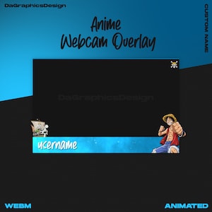 Può includere: Sovrapposizione di webcam animata con sfondo blu e nero. La sovrapposizione presenta una cornice nera con una barra blu nella parte inferiore. La barra blu contiene il testo "username" in bianco. La cornice ha un'icona di teschio e ossa incrociate nell'angolo in alto a destra. La sovrapposizione presenta anche un personaggio anime sul lato destro della cornice. Il personaggio indossa una camicia rossa, pantaloncini blu e un cappello di paglia. Il personaggio sta sferrando un pugno con il suo pugno destro.