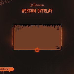 May include: Halloween webcam overlay featuring an orange pumpkin, dripping black paint, and a spider web in the top left corner. The text "halloween webcam overlay" is at the top of the image.