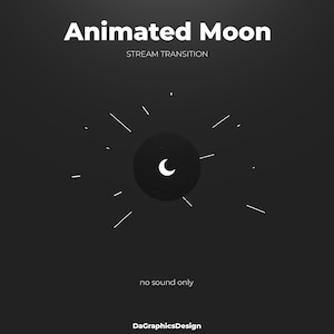 Peut inclure: Graphique numérique avec le texte "Animated Moon" et "Stream Transition" en blanc. Un motif circulaire présente un croissant de lune et des lignes rayonnantes sur fond gris foncé. Le texte "no sound only" est également présent.