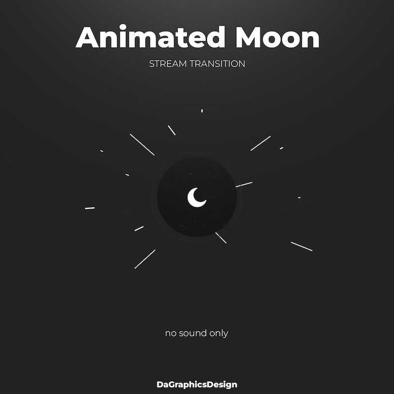 May include: A digital graphic with the text "Animated Moon" and "Stream Transition" in white. A circular design features a crescent moon and radiating lines on a dark gray background. The text "no sound only" is also present.