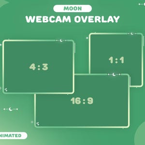 May include: A green animated webcam overlay graphic with the word "MOON" at the top. The text "WEBCAM OVERLAY" is in white. Three green rectangles display aspect ratios: 4:3, 1:1, and 16:9. The word "ANIMATED" is at the bottom.