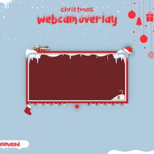 Può includere: Una sovrapposizione per webcam di Natale rossa e bianca con una cornice innevata, una casetta di pan di zenzero e il testo "christmas webcam overlay" e "animated".