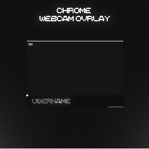 Può includere: Una sovrapposizione webcam digitale nera con il testo CHROME WEBCAM OVERLAY in alto, una cornice rettangolare centrale, una barra inferiore con il testo USERNAME e una scheda laterale verticale etichettata CUSTOM NAME, in stile scuro.