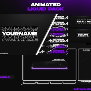 Animated Stream Liquid Pack | Twitch Pack | Purple | Screen | Transition | Panels | Alerts | Custom Name | OBS | StreamElements