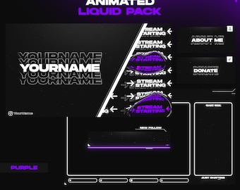 Animated Stream Liquid Pack | Twitch Pack | Purple | Screens | Transition | Panels | Alerts | Custom Name | OBS | StreamElements