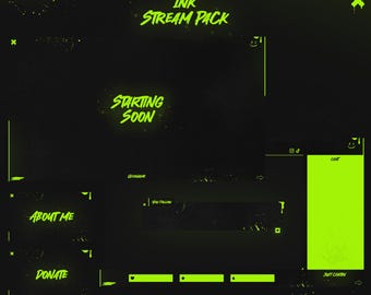 Animated Ink Twitch Overlay Pack Black Green Fluo | Stream Screens Panels Alerts Transition Webcam Banner | Custom Name OBS StreamElements