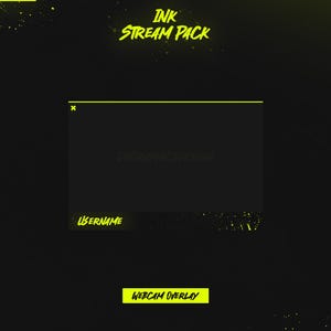 May include: A black and yellow webcam overlay with the text "INK STREAM PACK" and "WEBCAM OVERLAY". The overlay has a black background with yellow splatters of paint. There is a black box with a yellow border and a yellow "X" in the top left corner. The box has the text "USERNAME" below it.