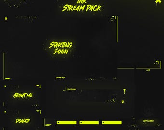 Animated Ink Twitch Overlay Pack Black Yellow Fluo | Stream Screens Panels Alerts Transition Webcam Banner | Custom Name OBS StreamElements