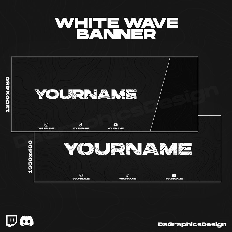 May include: White wave banner template with black background and white text. The banner has a wavy design and the text "YOURNAME" is repeated throughout the banner. The banner is 1200x480 pixels and 1360x480 pixels.