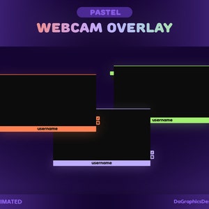 Pode incluir: Sobreposição de webcam em cores pastel com três molduras retangulares pretas. A moldura superior tem uma borda verde claro, a moldura do meio tem uma borda laranja e a moldura inferior tem uma borda roxo claro. Cada moldura tem a palavra "username" em texto branco.